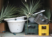 Collecting discarded baths, beer crates and palm leaves for re-use.
